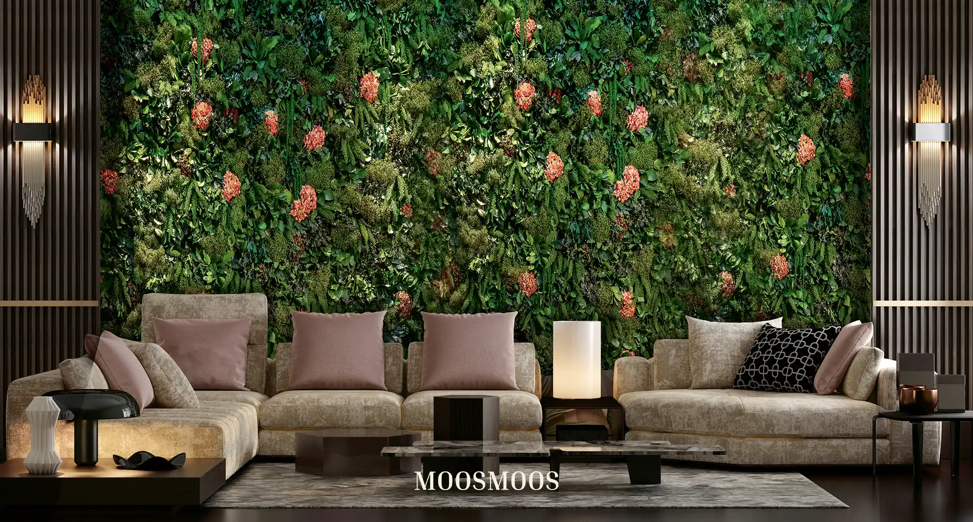 MOOSMOOS Blumenwand / Flowerwall mit echten Blumen, Pflanzen und Moosen im Schlafzimmer